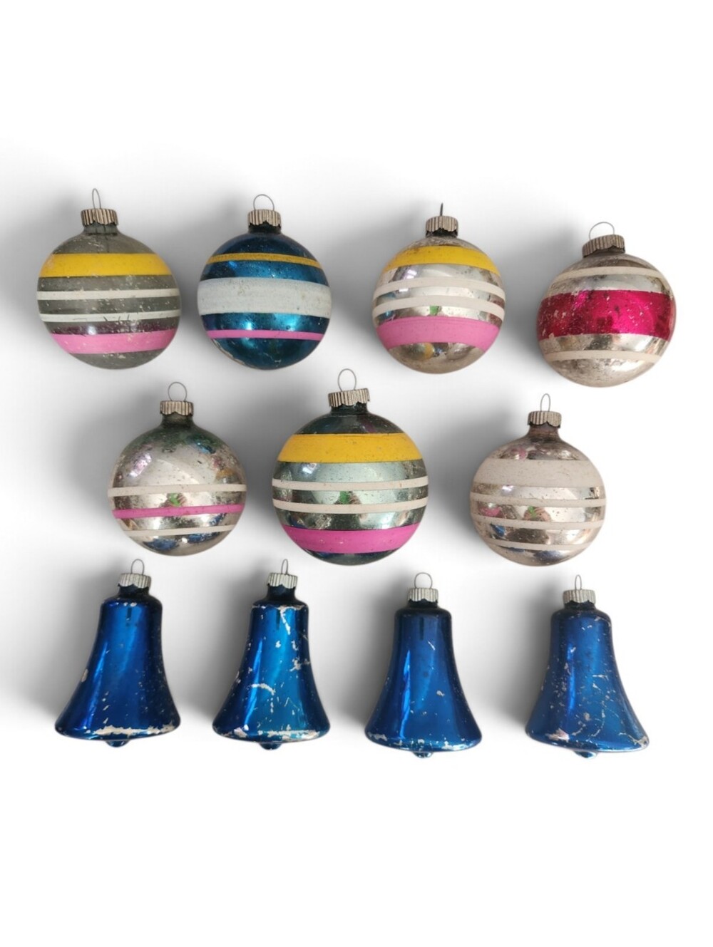 11 Vintage Shiny Brite Glass Christmas Ornaments Striped & Bells